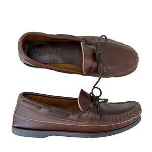 Minnetonka Leather Loafer Men Size 10 Moccasin Boat Shoe Rubber Sole Brown 768